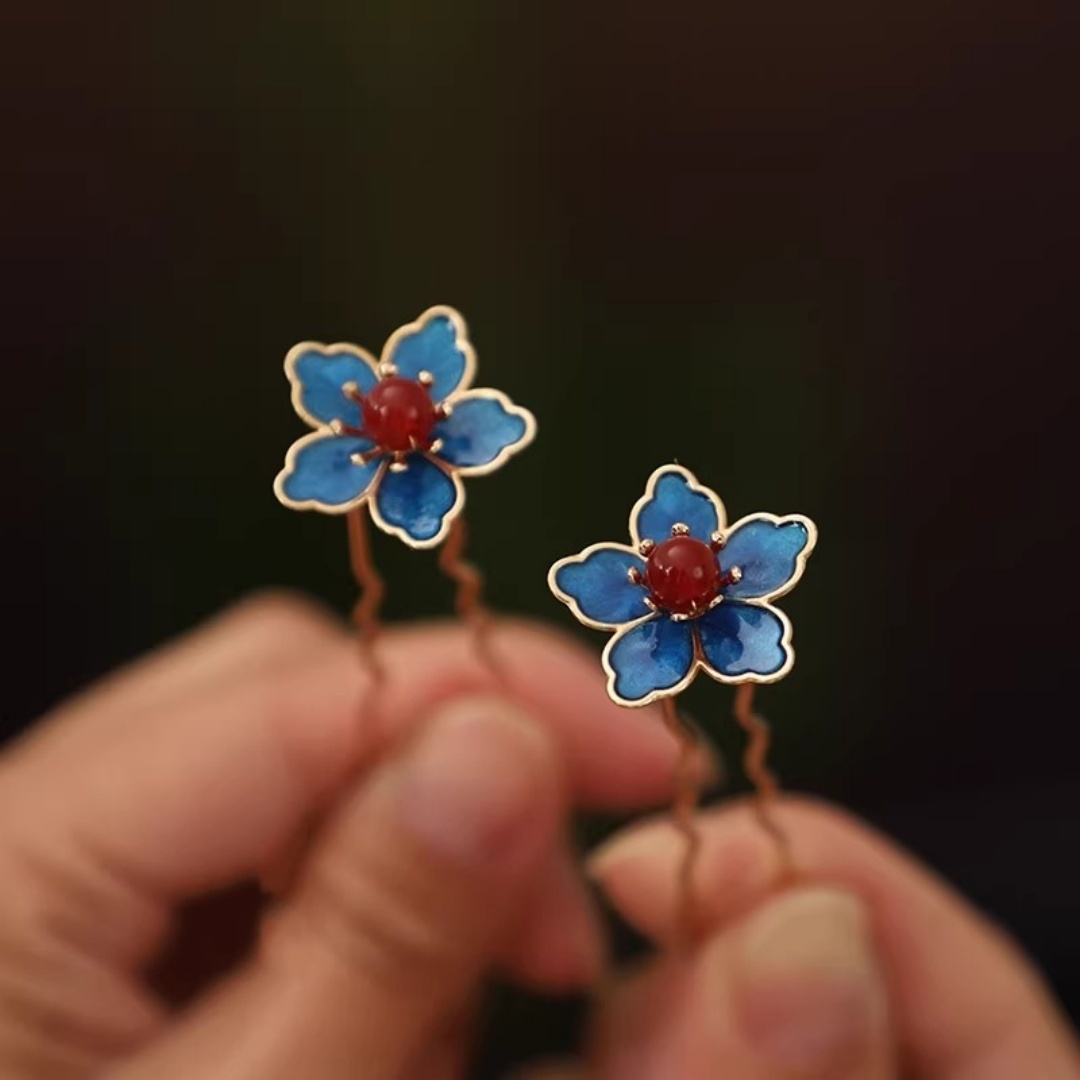 Travel Accessories New - Blue Flower Ancient-Style Hanfu Hairpin, Exquisite